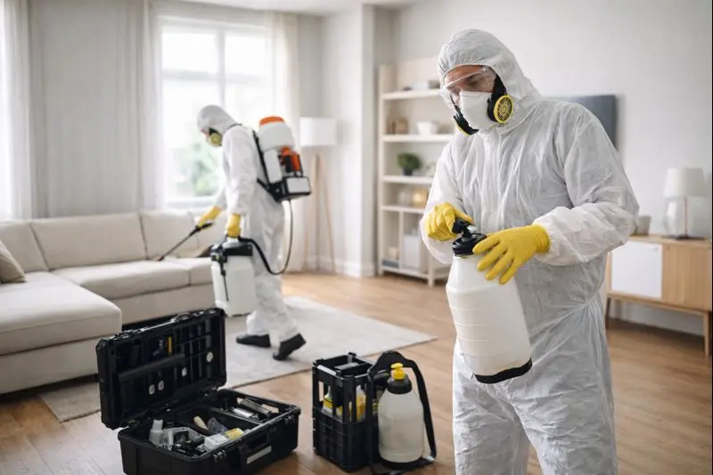 Профессиональная дезинсекция квартиры — обработка помещения от насекомых специалистами в защитной экипировке

