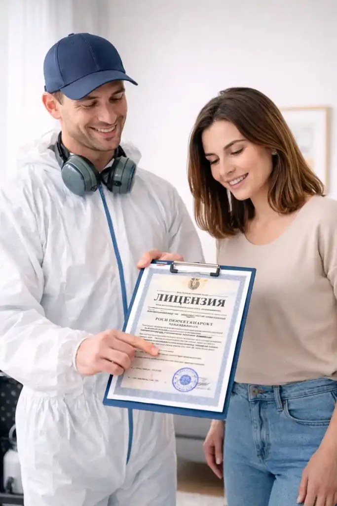 Лицензия Роспотребнадзора: специалист по дезинсекции показывает клиенту официальный документ