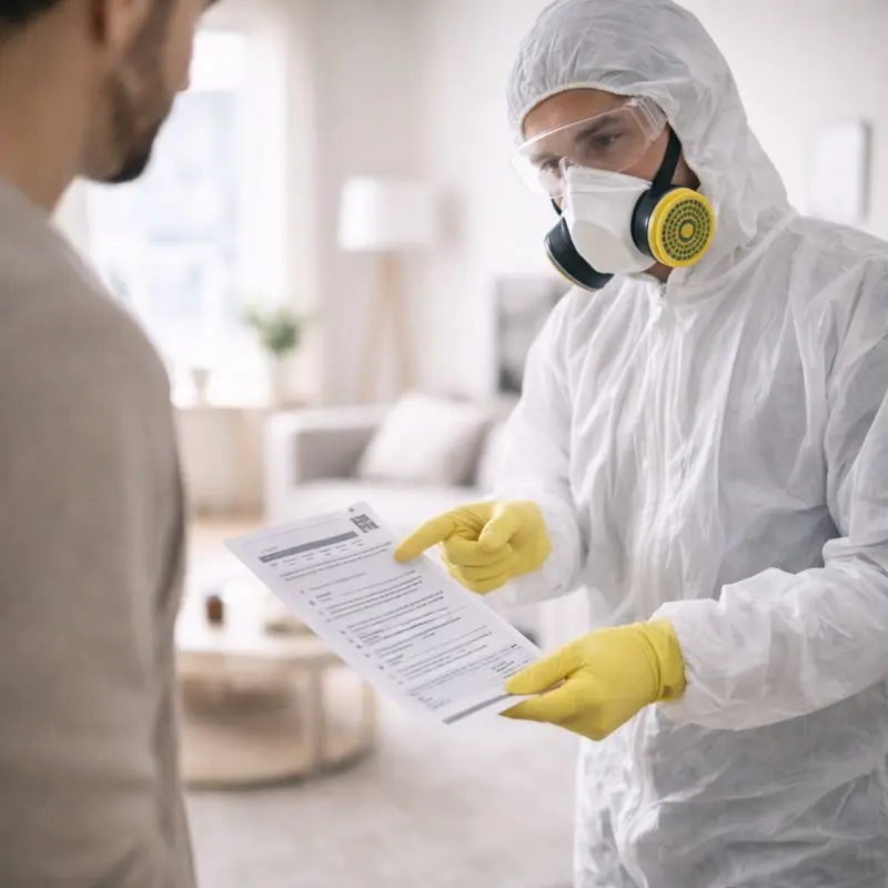 Дезинсектор в защитной экипировке объясняет рекомендации после дезинсекции клиенту в квартире