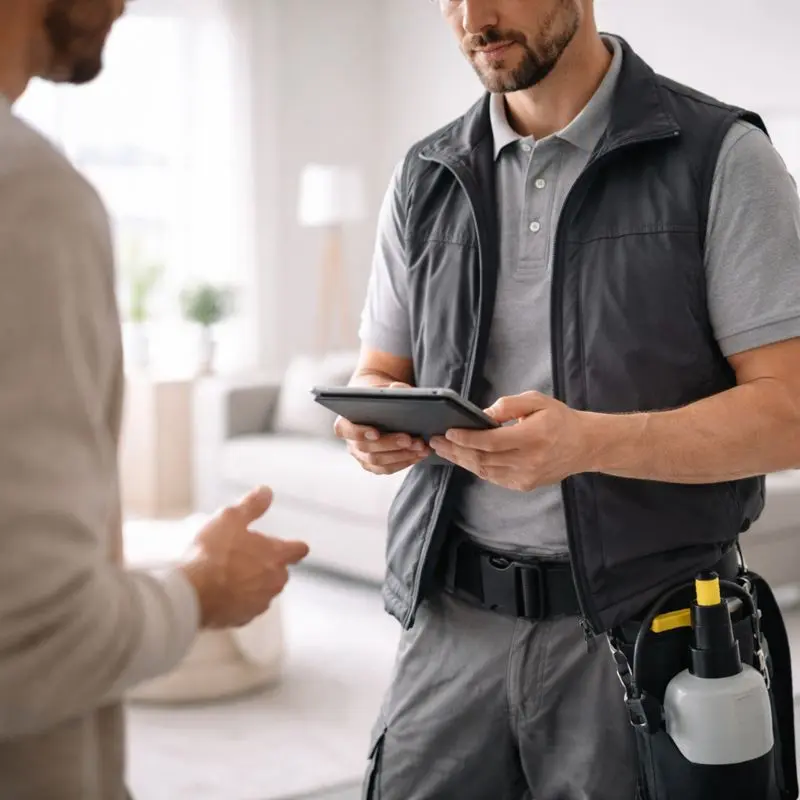 Заявка и консультация по дезинсекции — специалист обсуждает детали обработки с клиентом