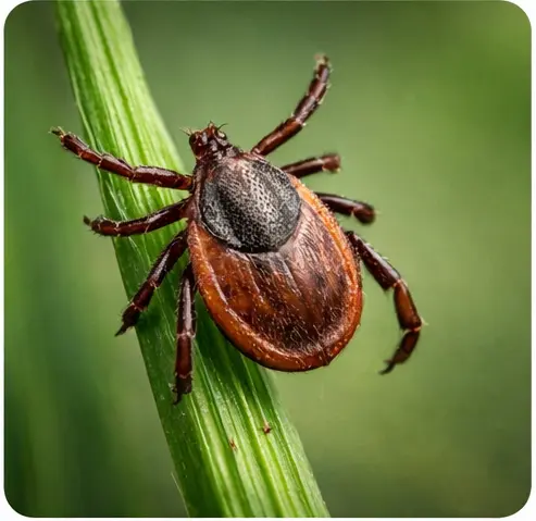 Клещ крупным планом на зелёной траве