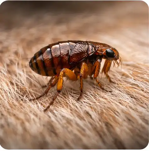 Блоха крупным планом на шерсти животного