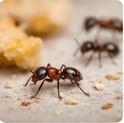 Муравей крупным планом рядом с крошками на светлой поверхности